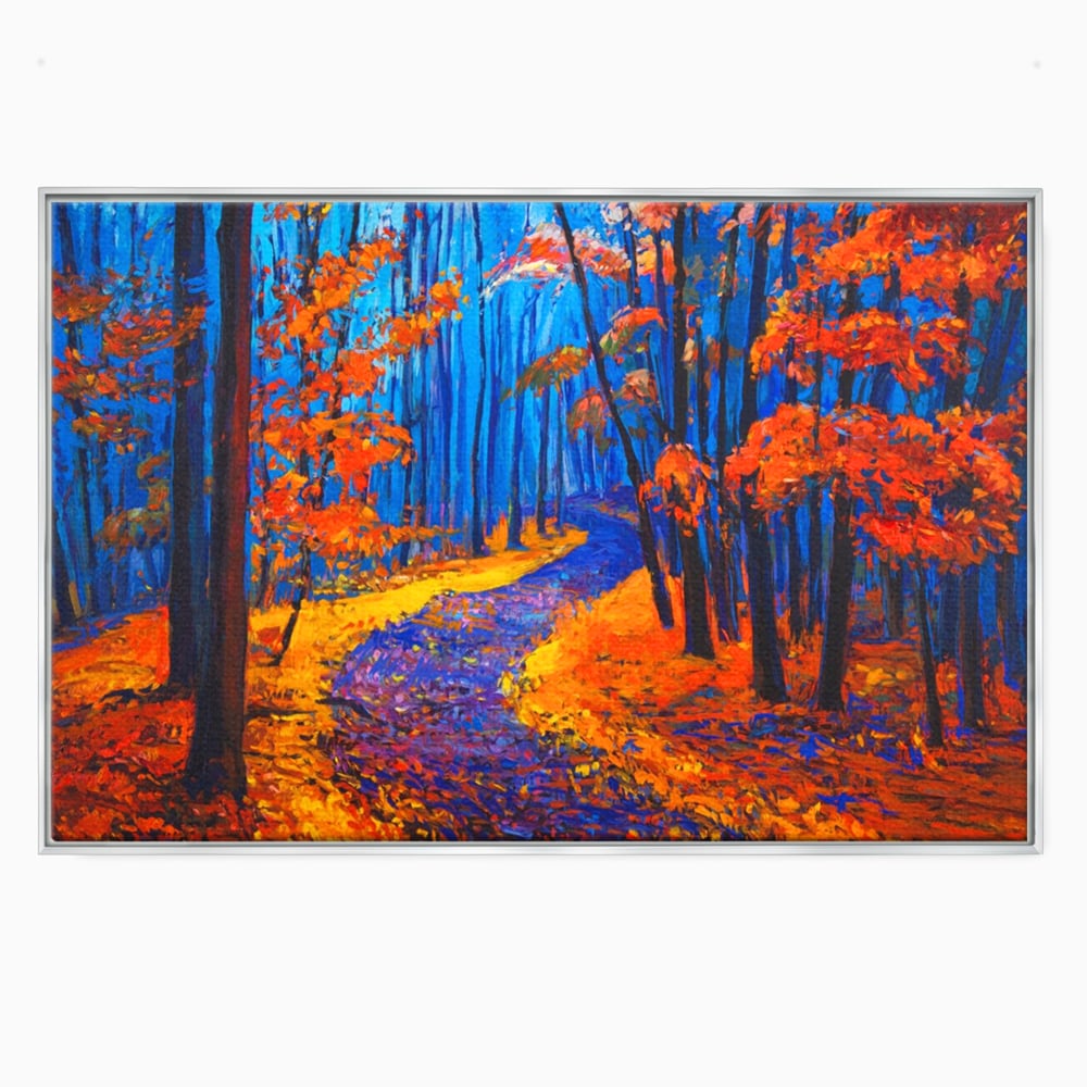 Tablou canvas cu pictura cu padure de toamna si poteca, in rama de aluminiu argintiu