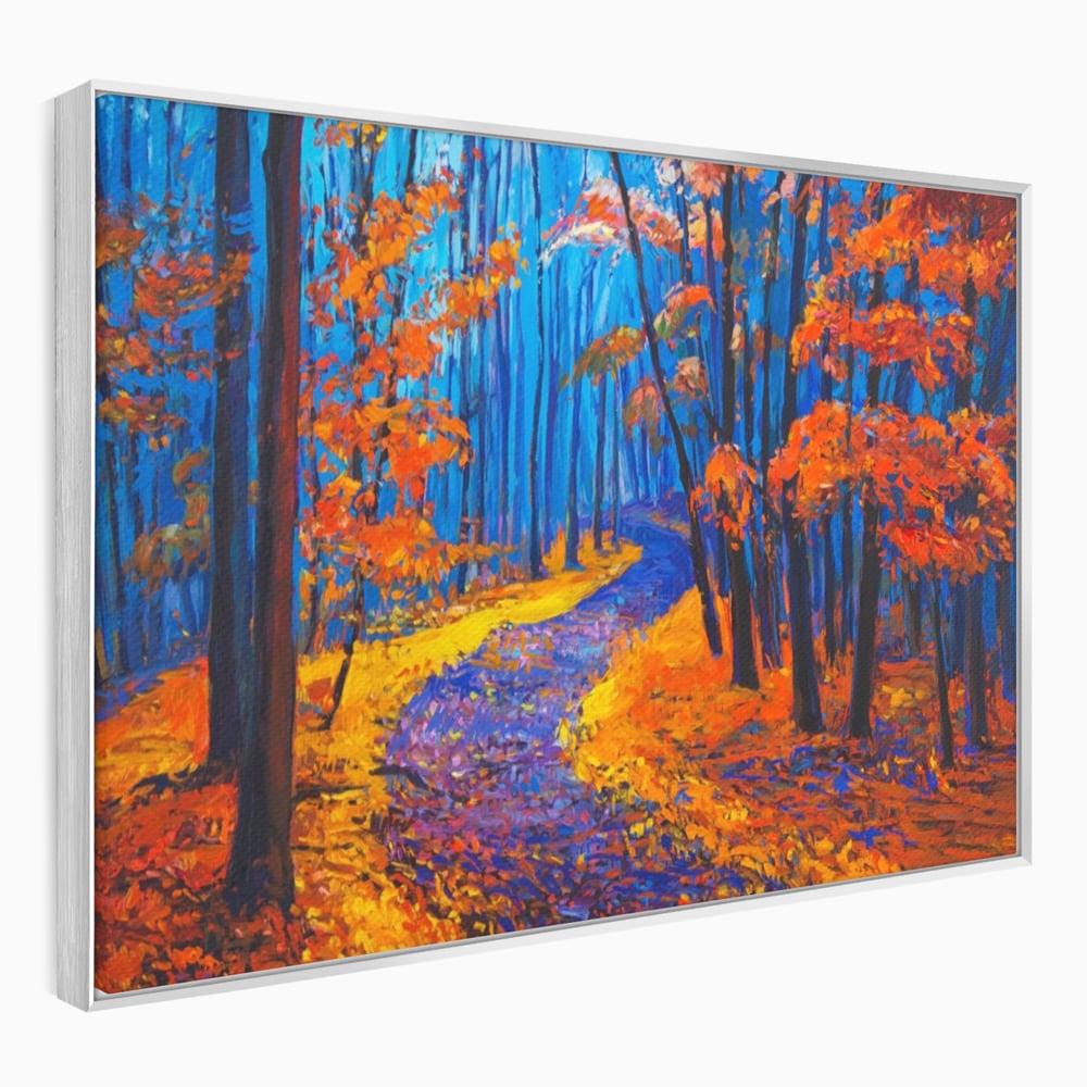 Tablou canvas cu pictura cu padure de toamna si poteca, in rama de aluminiu argintiu