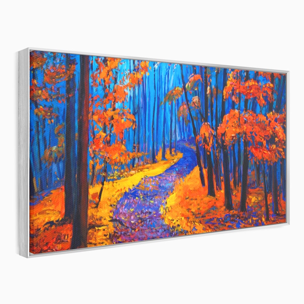 Tablou canvas cu pictura cu padure de toamna si poteca, in rama de aluminiu argintiu