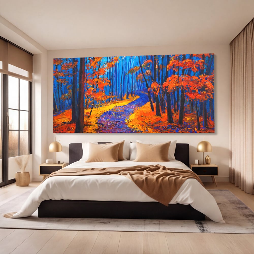 Tablou canvas cu pictura cu padure de toamna si poteca, fara rama, pe sasiu de lemn, pe perete intr-un dormitor