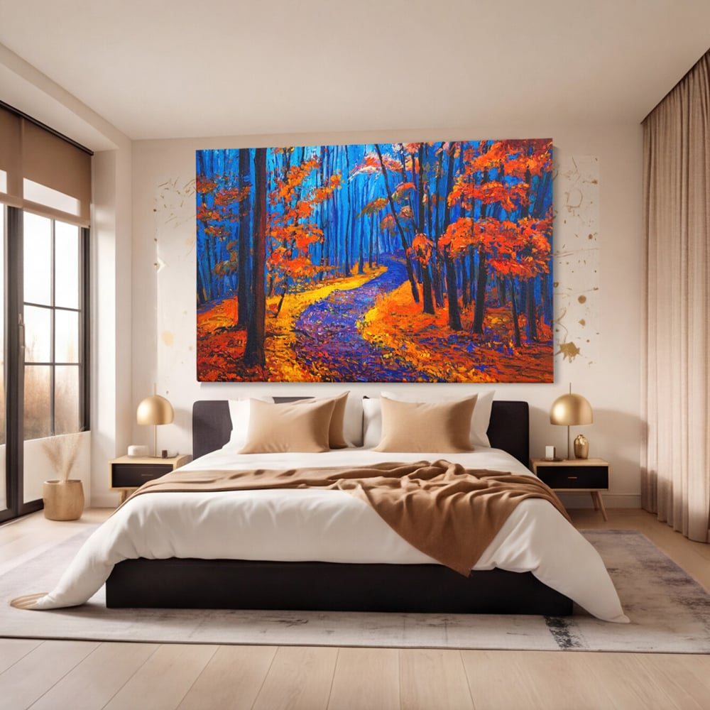 Tablou canvas cu pictura cu padure de toamna si poteca, fara rama, pe sasiu de lemn, pe perete intr-un dormitor