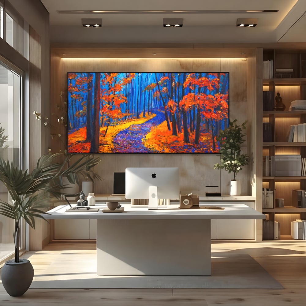 Tablou canvas cu pictura cu padure de toamna si poteca, in rama de aluminiu negru, pe perete intr-un birou