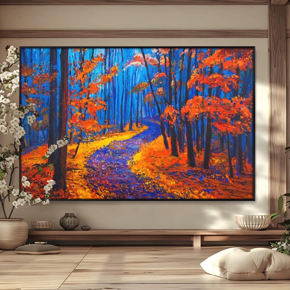Tablou canvas cu pictura cu padure de toamna si poteca, in rama de aluminiu negru