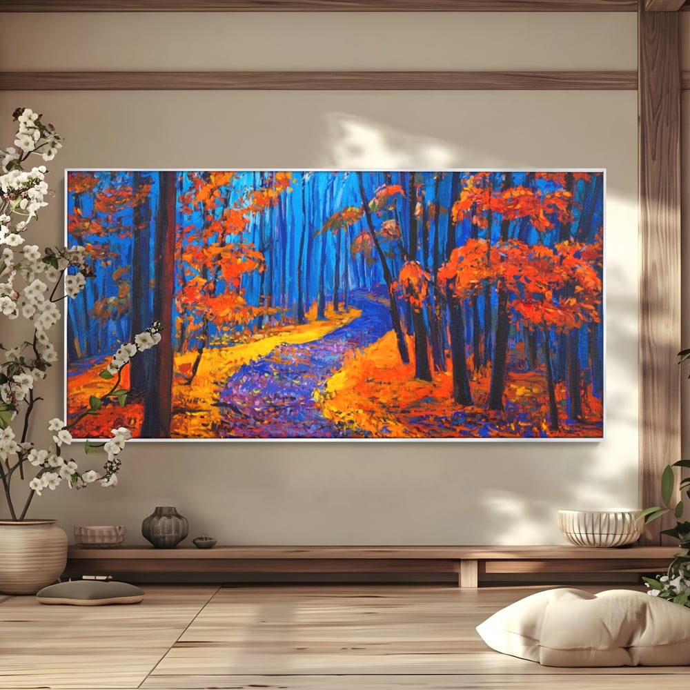 Tablou canvas cu pictura cu padure de toamna si poteca, in rama de aluminiu argintiu