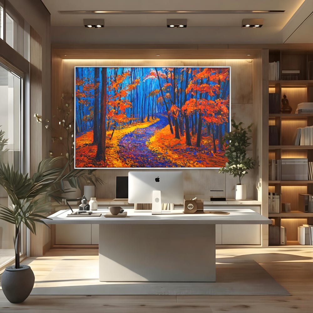 Tablou canvas cu pictura cu padure de toamna si poteca, in rama de aluminiu argintiu, pe perete intr-un birou