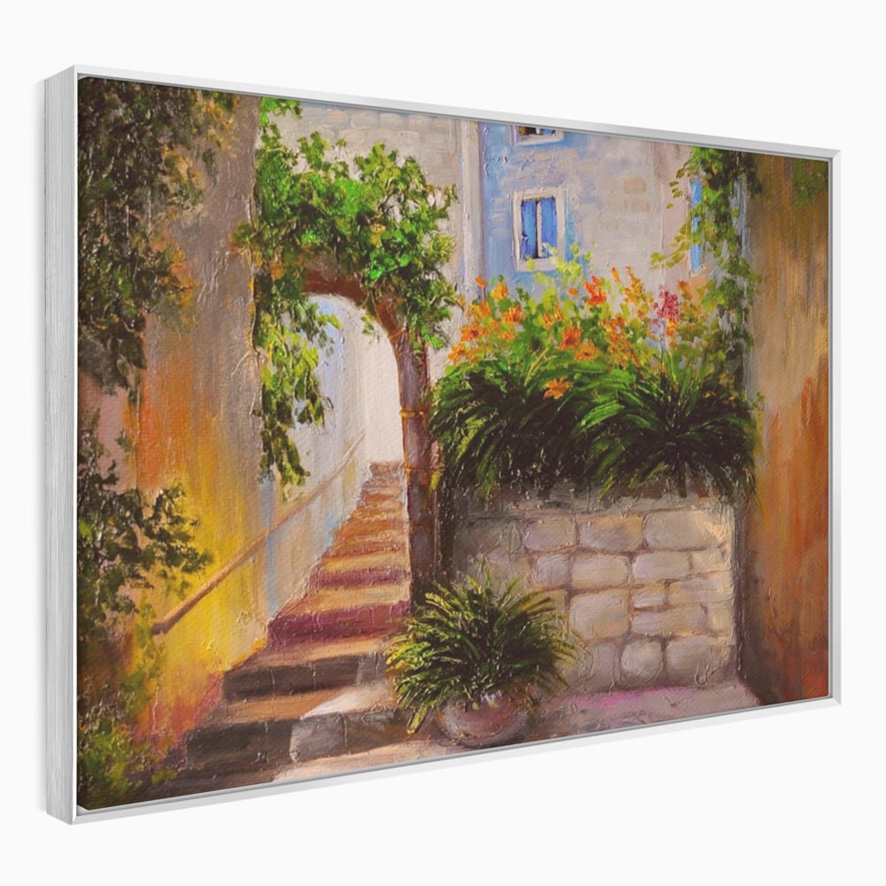 Tablou canvas cu pictura cu scari si flori, in rama de aluminiu argintiu