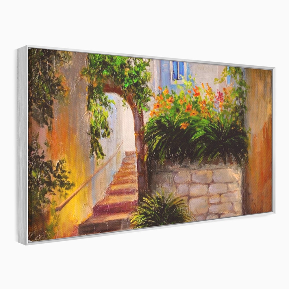Tablou canvas cu pictura cu scari si flori, in rama de aluminiu argintiu