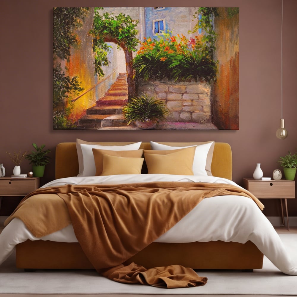 Tablou canvas cu pictura cu scari si flori, fara rama, pe sasiu de lemn, pe perete intr-un dormitor
