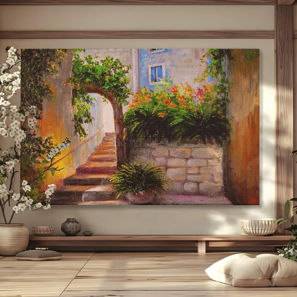 Tablou canvas cu pictura cu scari si flori, fara rama, pe sasiu de lemn