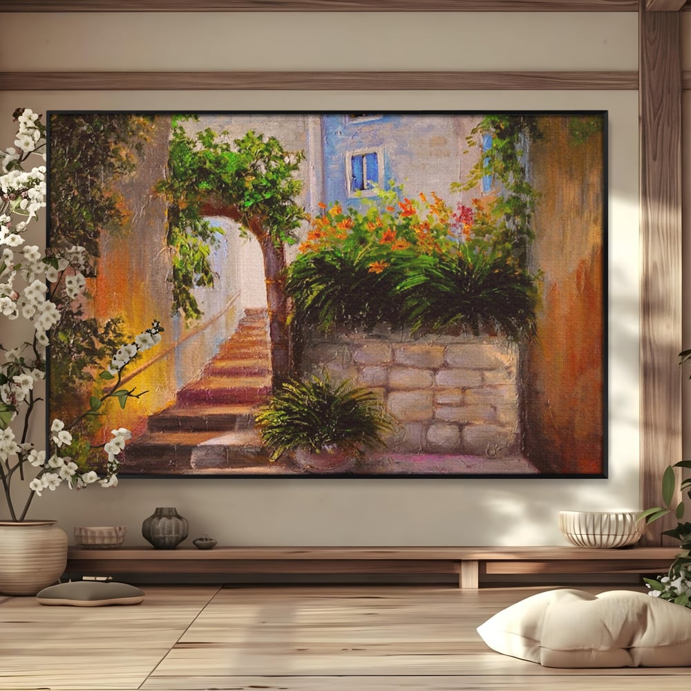 Tablou canvas cu pictura cu scari si flori, in rama de aluminiu negru