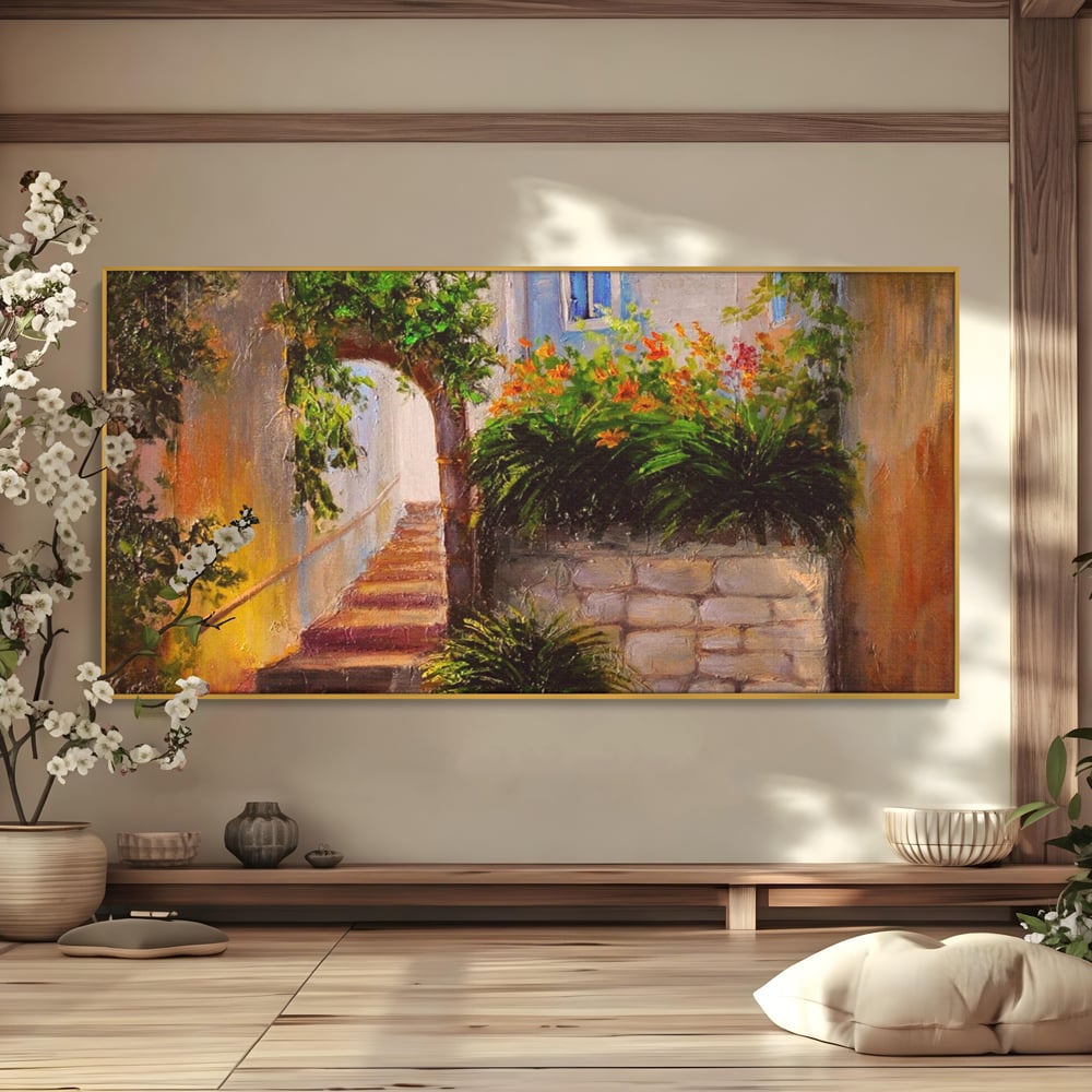 Tablou canvas cu pictura cu scari si flori, in rama de aluminiu auriu