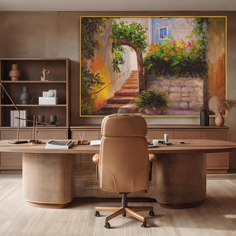 Tablou canvas cu pictura cu scari si flori, in rama de aluminiu auriu, pe perete intr-un birou