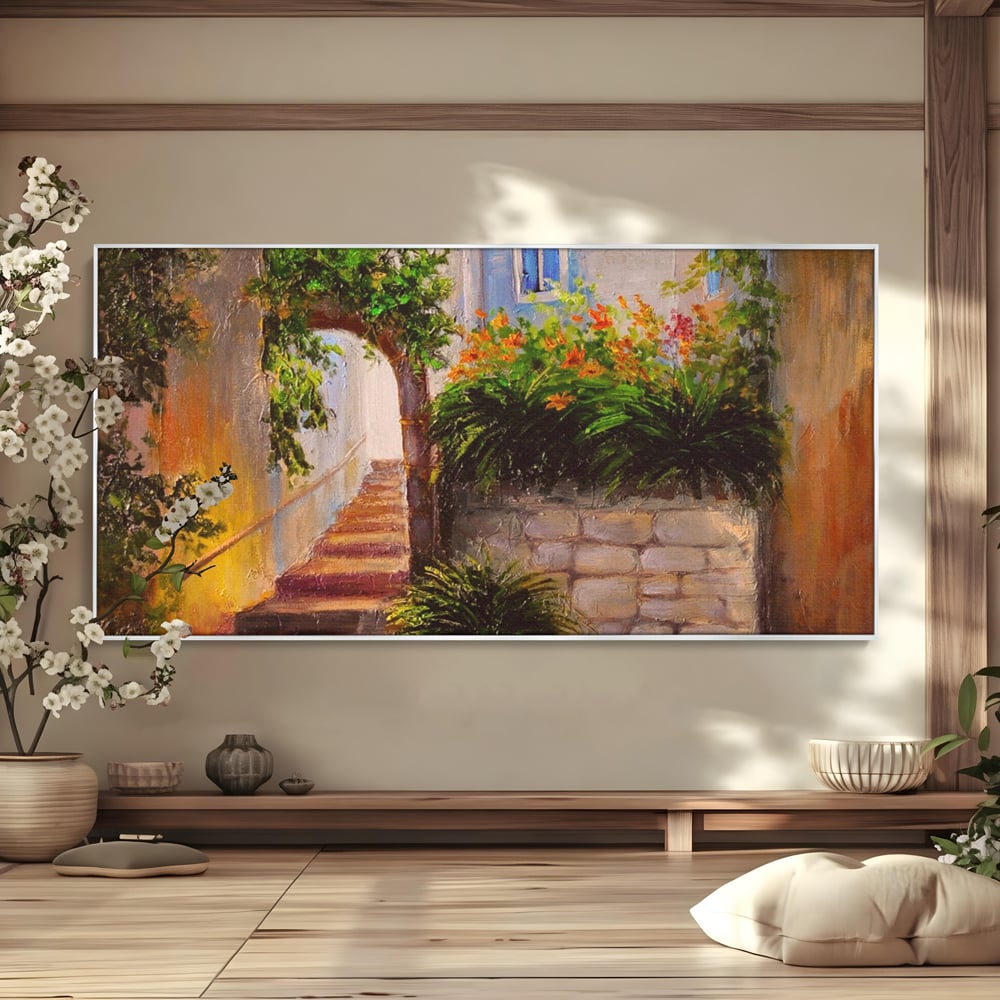 Tablou canvas cu pictura cu scari si flori, in rama de aluminiu argintiu