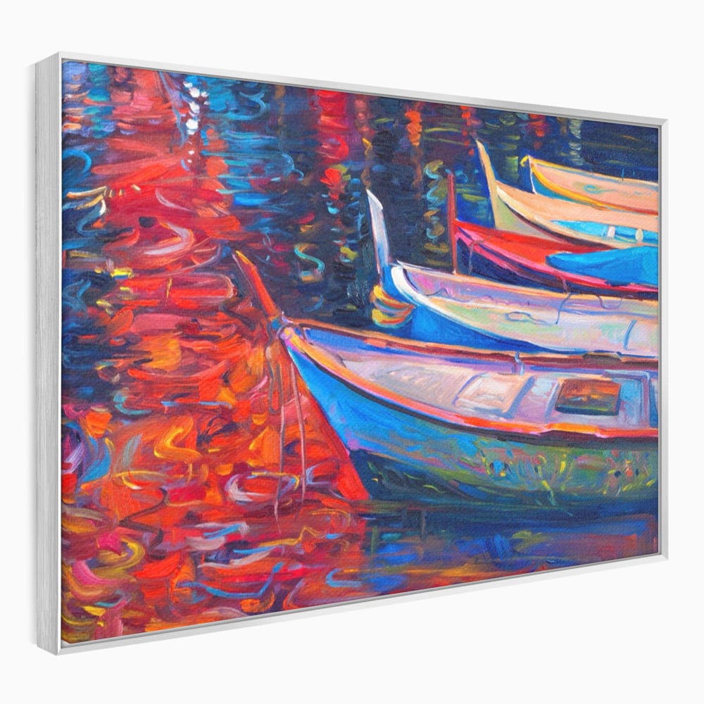 Tablou canvas cu pictura cu barci in port la apus, in rama de aluminiu argintiu