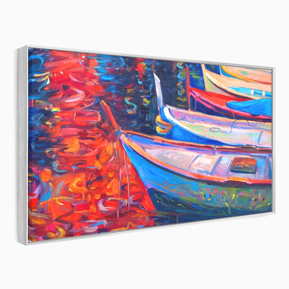 Tablou canvas cu pictura cu barci in port la apus, in rama de aluminiu argintiu