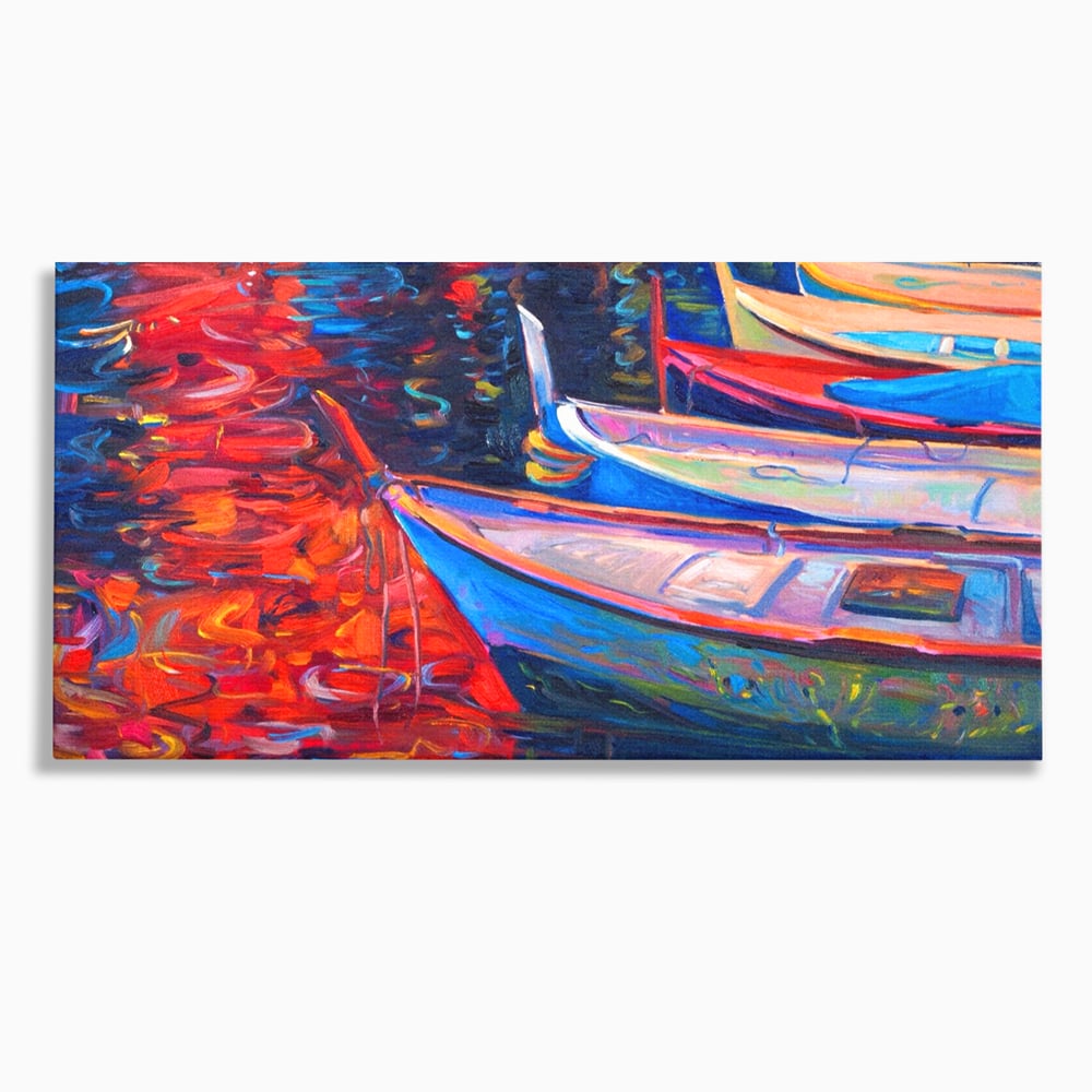 Tablou canvas cu pictura cu barci in port la apus, fara rama, pe sasiu de lemn