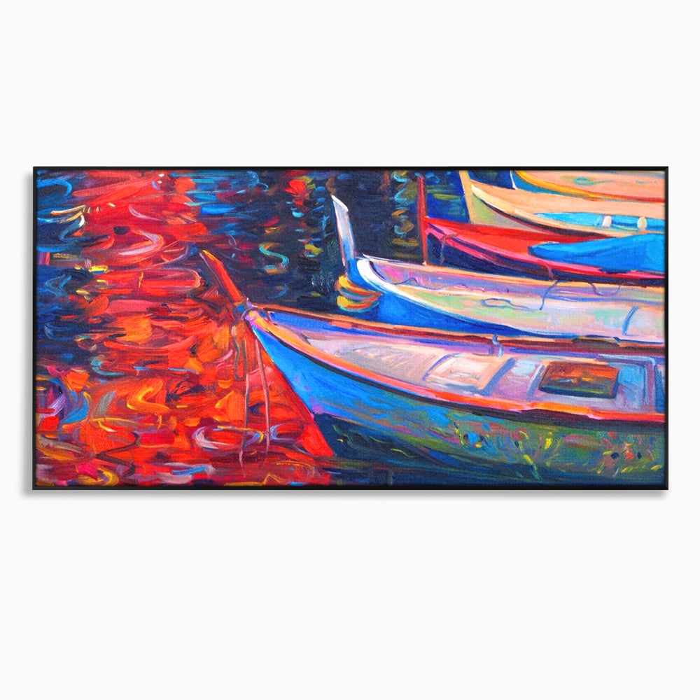 Tablou canvas cu pictura cu barci in port la apus, in rama de aluminiu negru
