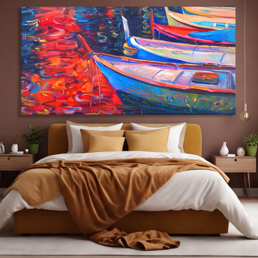 Tablou canvas cu pictura cu barci in port la apus, fara rama, pe sasiu de lemn, pe perete intr-un dormitor