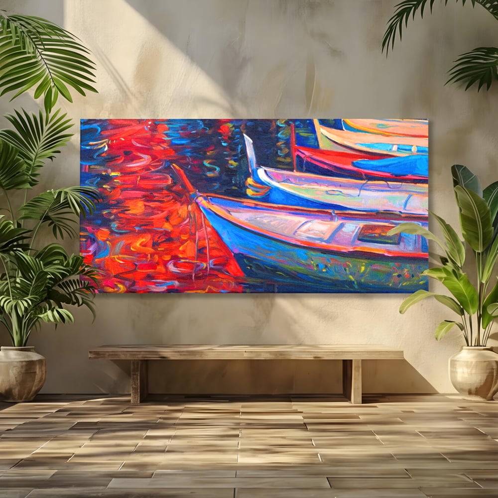 Tablou canvas cu pictura cu barci in port la apus, fara rama, pe sasiu de lemn