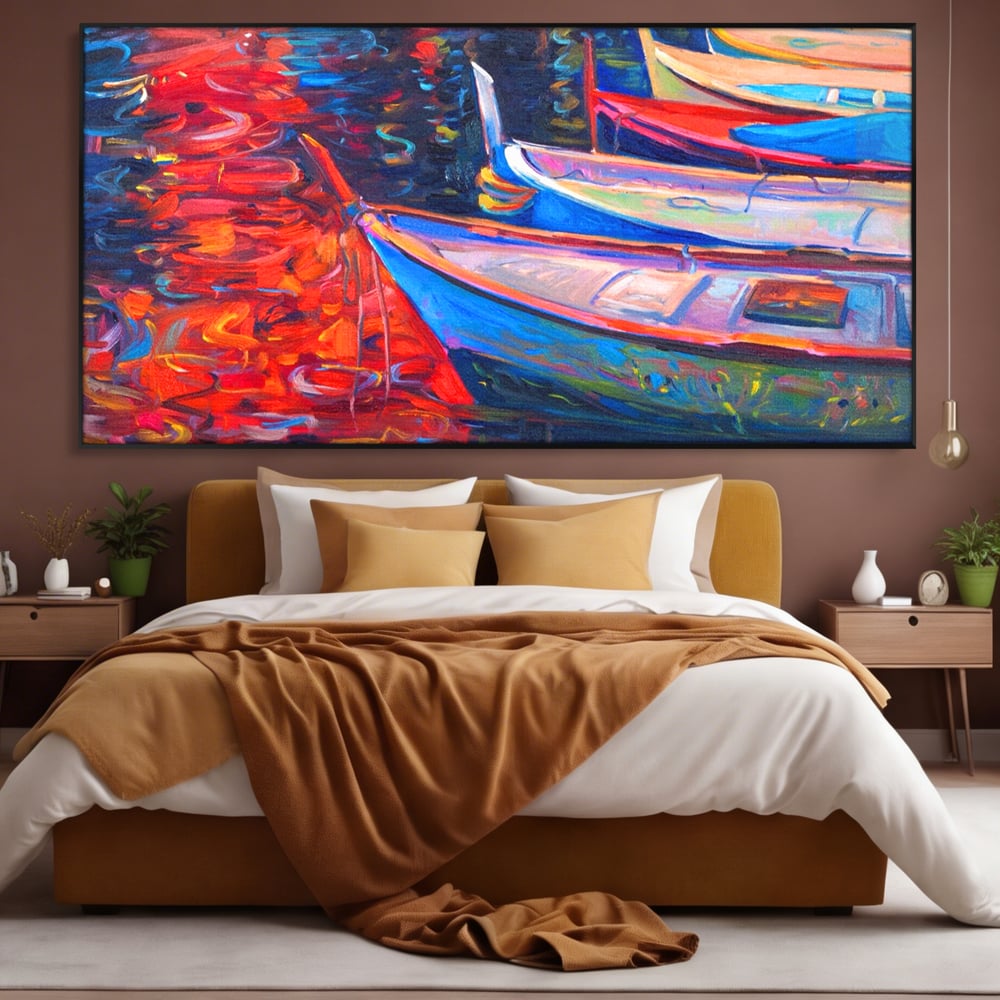 Tablou canvas cu pictura cu barci in port la apus, in rama de aluminiu negru, pe perete intr-un dormitor