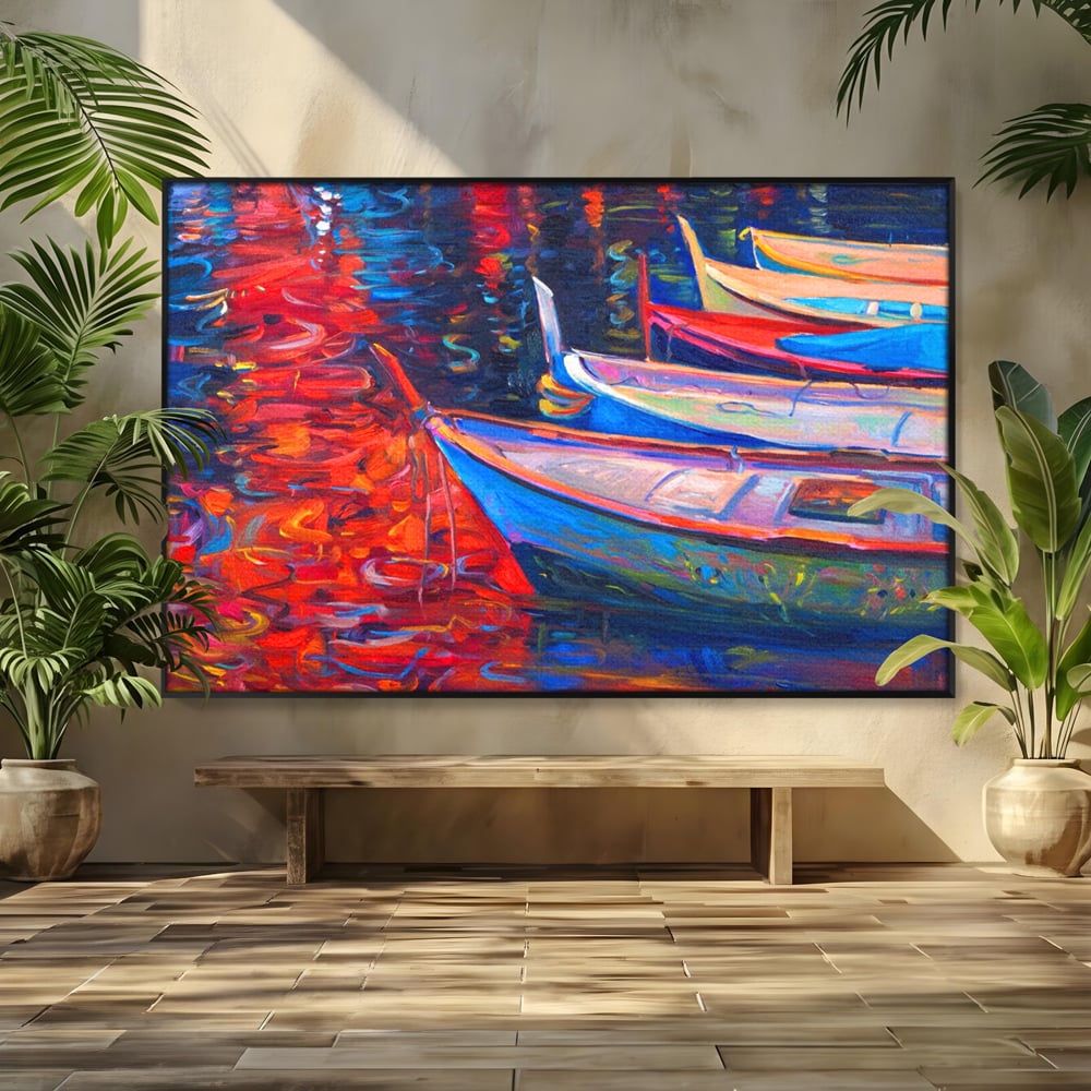 Tablou canvas cu pictura cu barci in port la apus, in rama de aluminiu negru