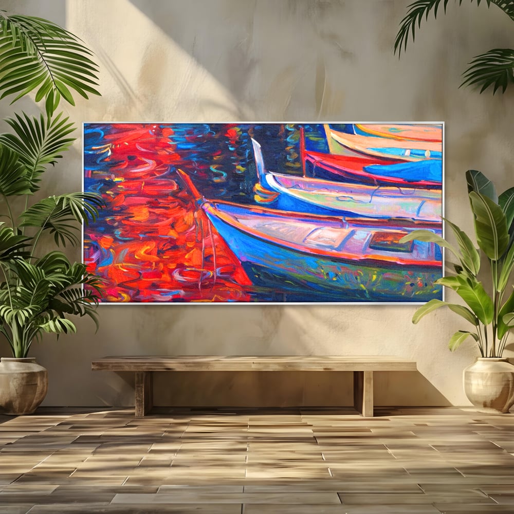 Tablou canvas cu pictura cu barci in port la apus, in rama de aluminiu argintiu