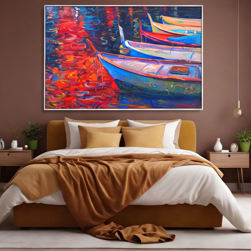 Tablou canvas cu pictura cu barci in port la apus, in rama de aluminiu argintiu, pe perete intr-un dormitor