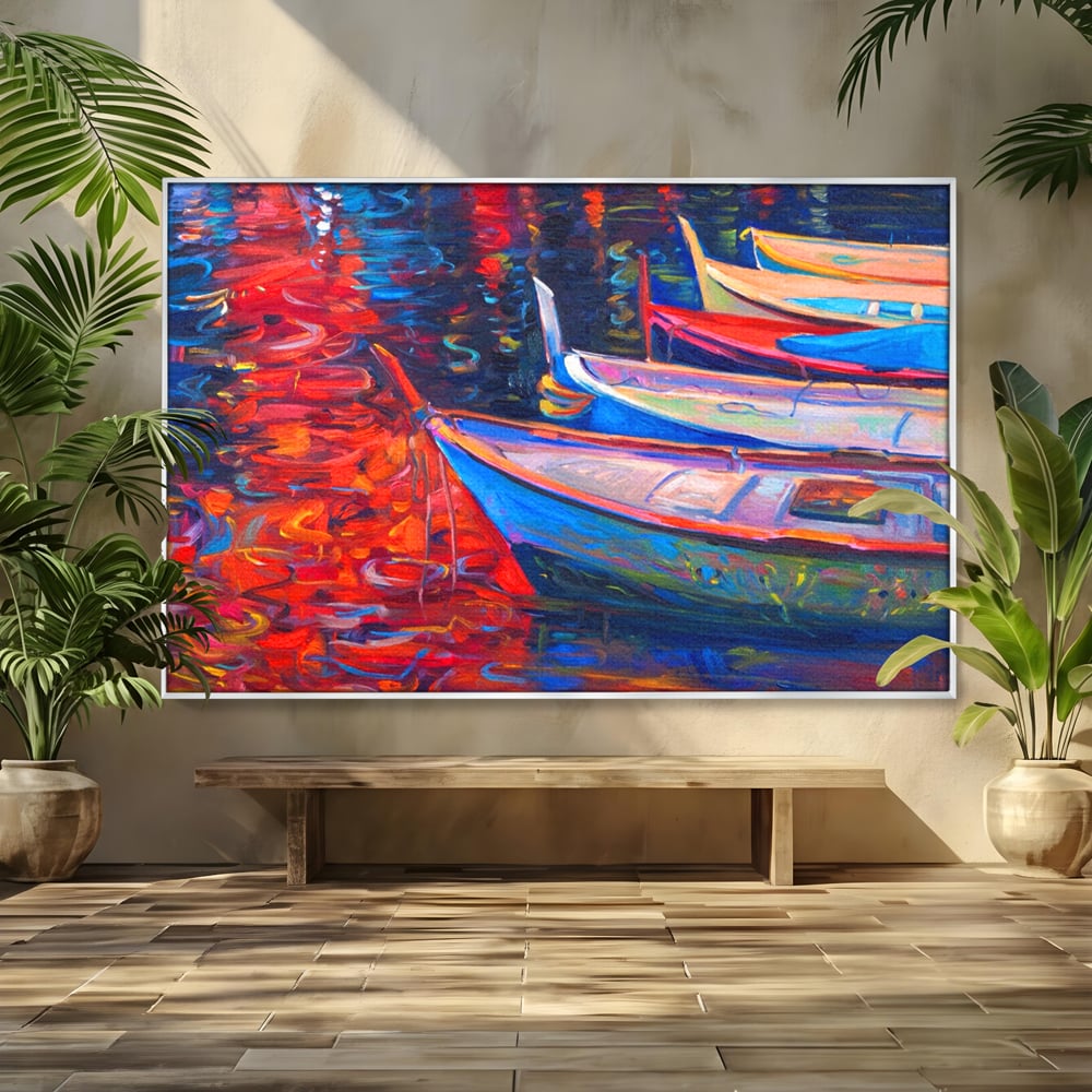 Tablou canvas cu pictura cu barci in port la apus, in rama de aluminiu argintiu
