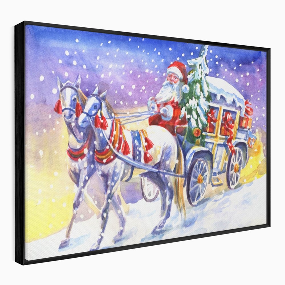 Tablou canvas cu pictura cu mos craciun in trasura, in rama de aluminiu negru