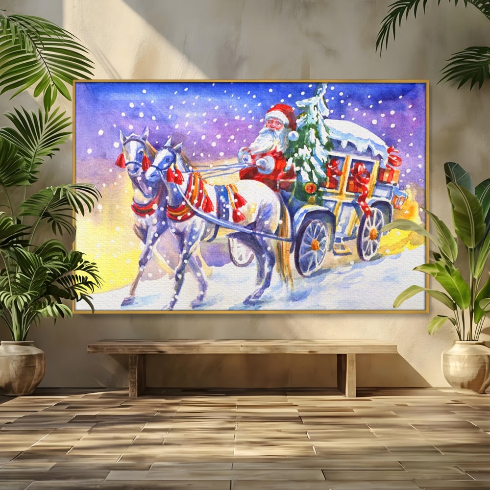 Tablou canvas cu pictura cu mos craciun in trasura, in rama de aluminiu auriu