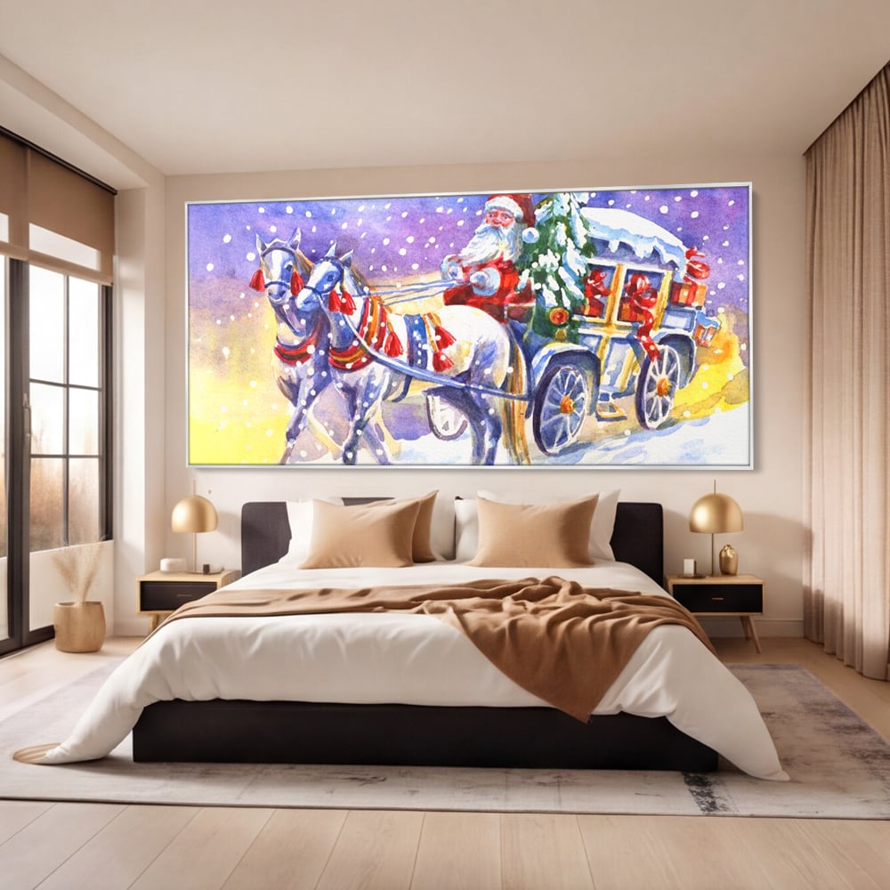Tablou canvas cu pictura cu mos craciun in trasura, in rama de aluminiu argintiu, pe perete intr-un dormitor