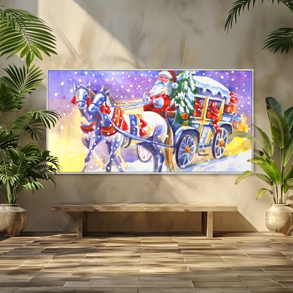 Tablou canvas cu pictura cu mos craciun in trasura, in rama de aluminiu argintiu