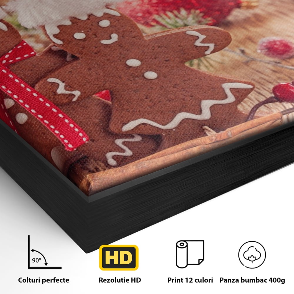 Detaliu al suprafetei: tablou canvas cuplu turta dulce de craciun, in rama de aluminiu negru