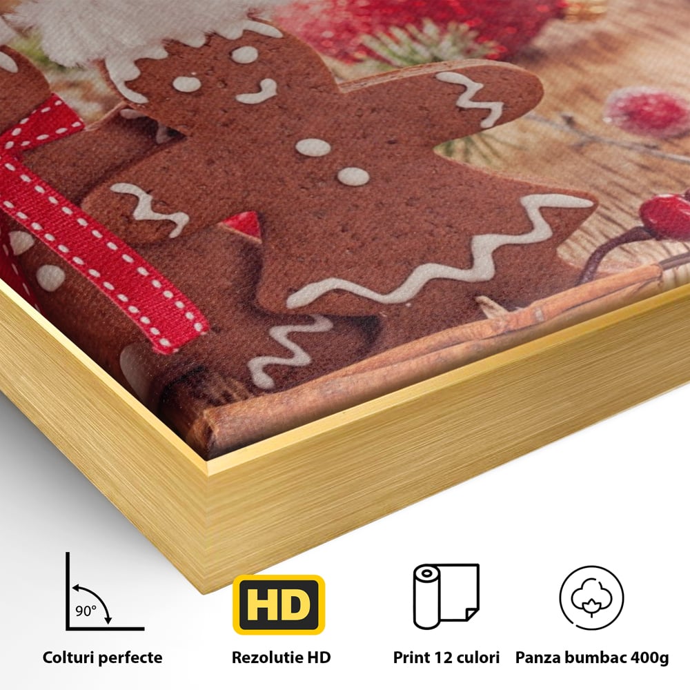 Detaliu al suprafetei: tablou canvas cuplu turta dulce de craciun, in rama de aluminiu auriu