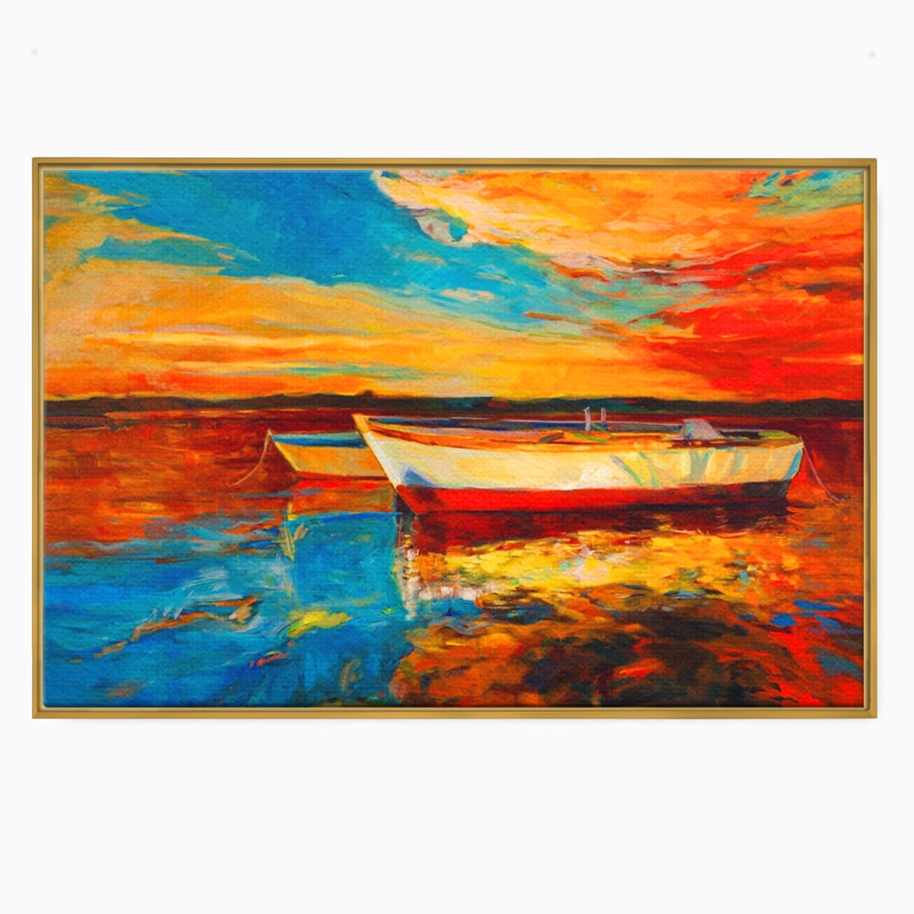Tablou canvas cu pictura cu barci la apus, in rama de aluminiu auriu