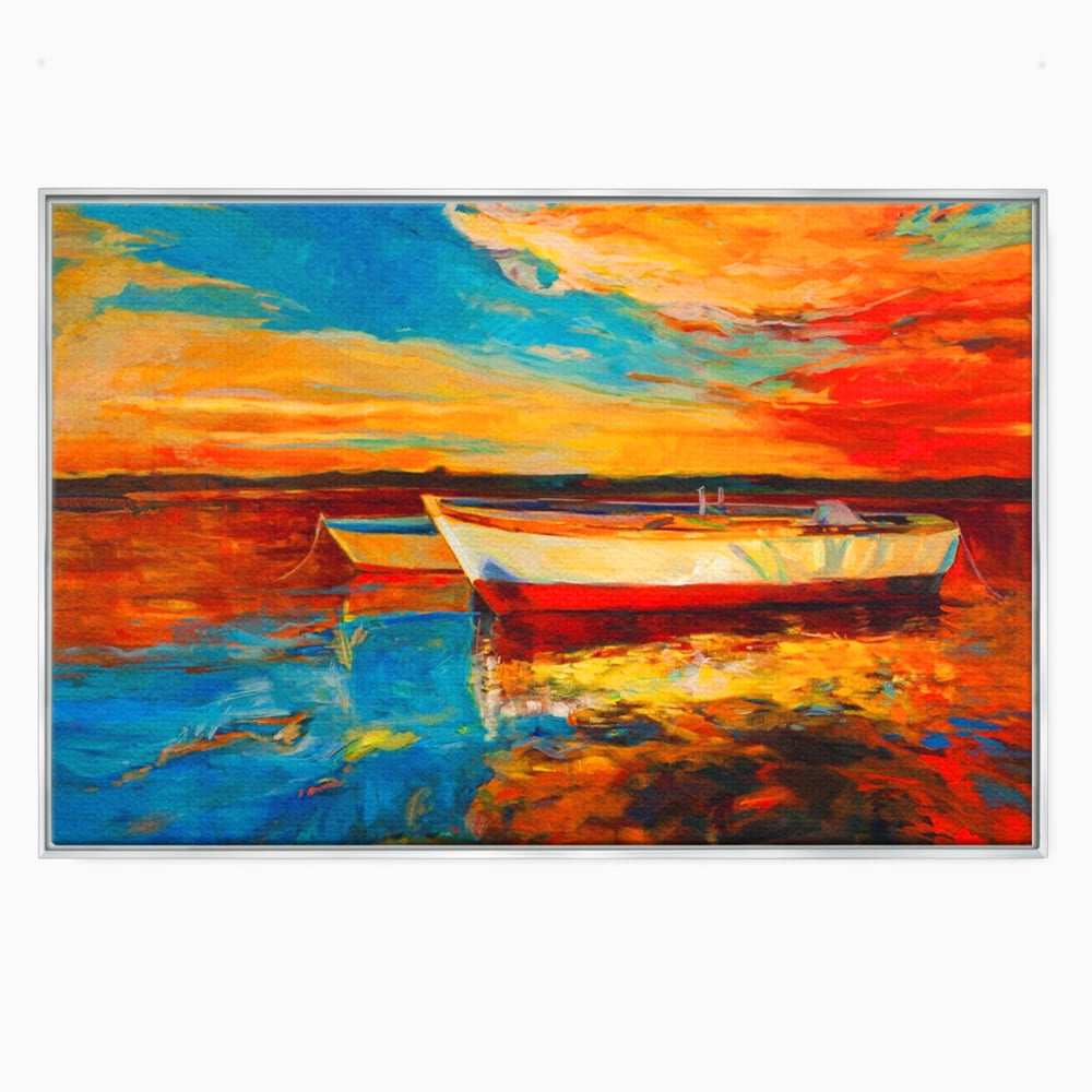 Tablou canvas cu pictura cu barci la apus, in rama de aluminiu argintiu