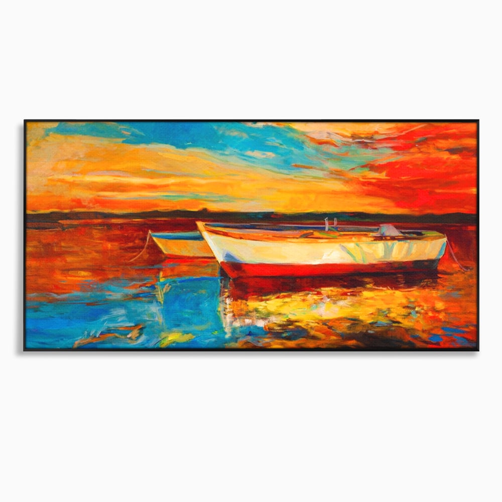 Tablou canvas cu pictura cu barci la apus, in rama de aluminiu negru