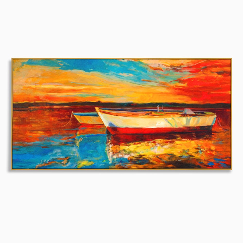 Tablou canvas cu pictura cu barci la apus, in rama de aluminiu auriu