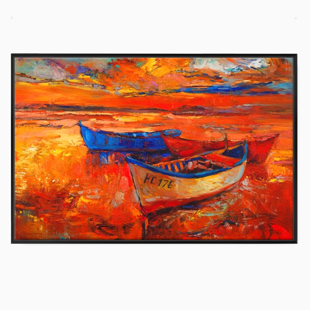 Tablou canvas cu pictura cu barci la apus, in rama de aluminiu negru