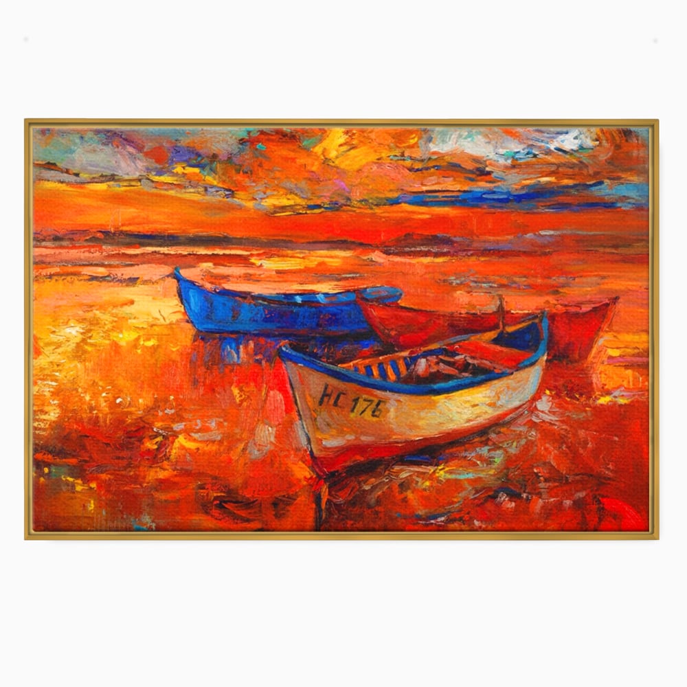 Tablou canvas cu pictura cu barci la apus, in rama de aluminiu auriu