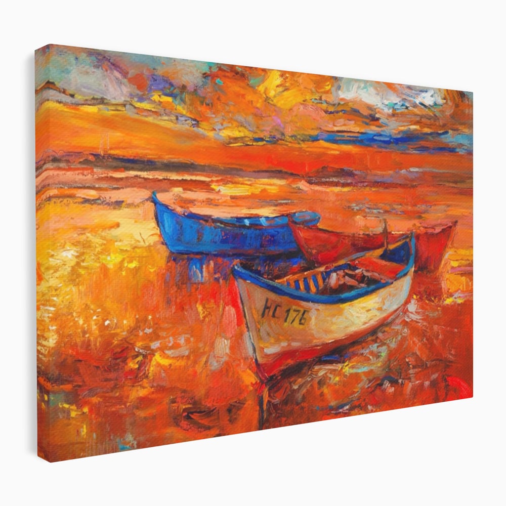 Tablou canvas cu pictura cu barci la apus, fara rama, pe sasiu de lemn