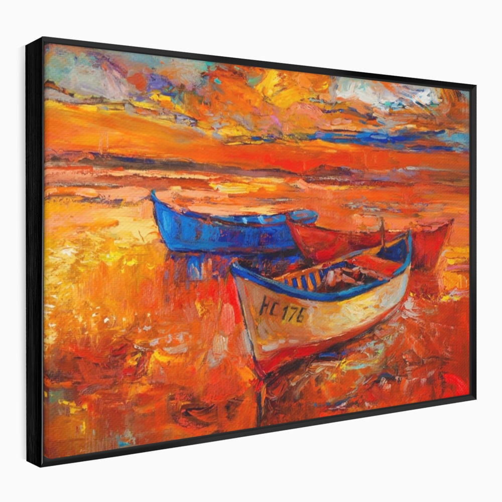 Tablou canvas cu pictura cu barci la apus, in rama de aluminiu negru