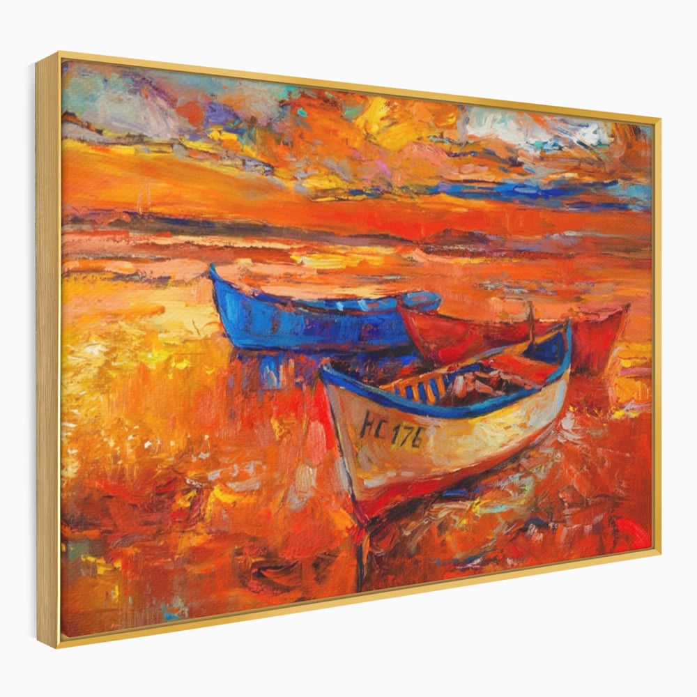 Tablou canvas cu pictura cu barci la apus, in rama de aluminiu auriu