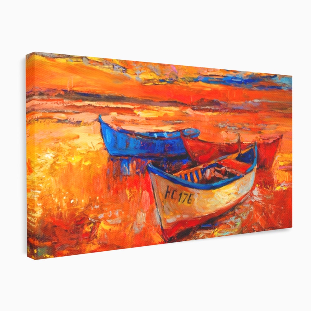 Tablou canvas cu pictura cu barci la apus, fara rama, pe sasiu de lemn