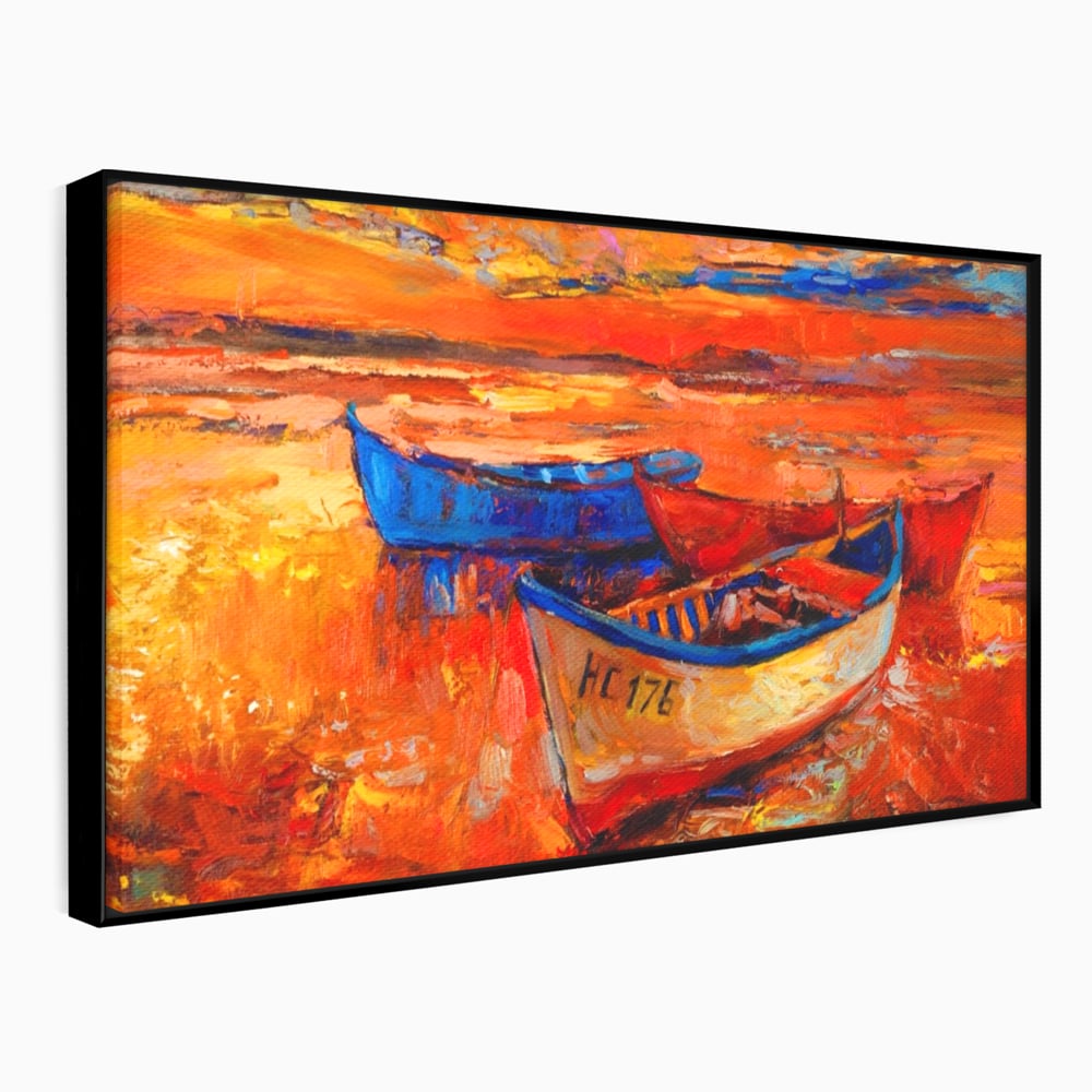 Tablou canvas cu pictura cu barci la apus, in rama de aluminiu negru
