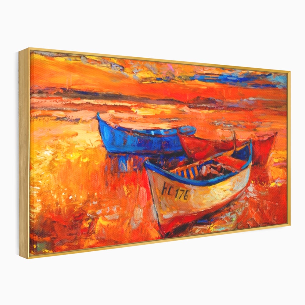 Tablou canvas cu pictura cu barci la apus, in rama de aluminiu auriu