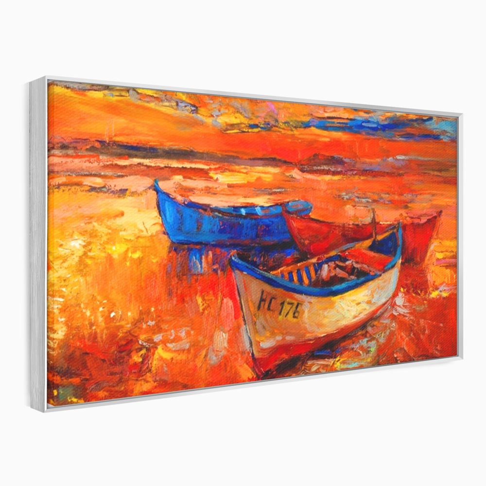 Tablou canvas cu pictura cu barci la apus, in rama de aluminiu argintiu