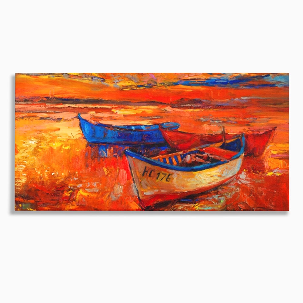 Tablou canvas cu pictura cu barci la apus, fara rama, pe sasiu de lemn