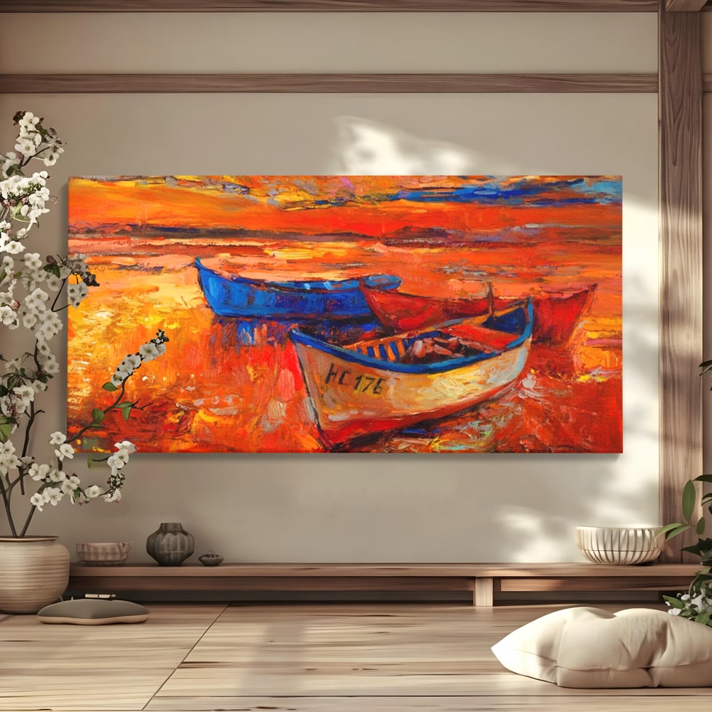 Tablou canvas cu pictura cu barci la apus, fara rama, pe sasiu de lemn