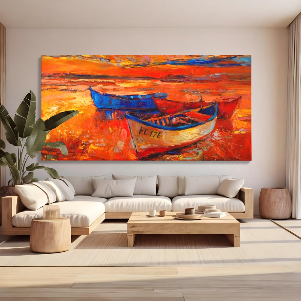 Tablou canvas cu pictura cu barci la apus, fara rama, pe sasiu de lemn, pe perete intr-un living